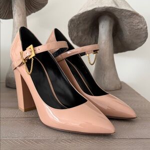 Valentino Garavani Nude Blush Patent Mary Jane Block Heels with Gold Chain